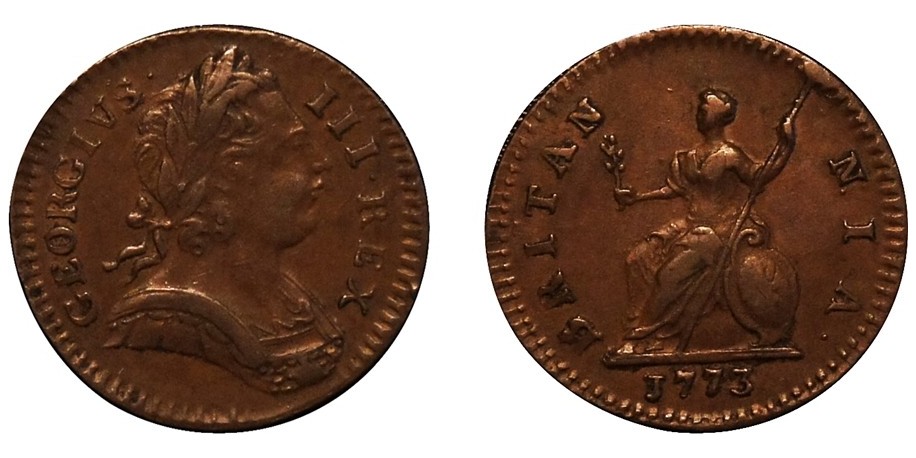 George III, Copper Farthing, 1773. Peck 914.