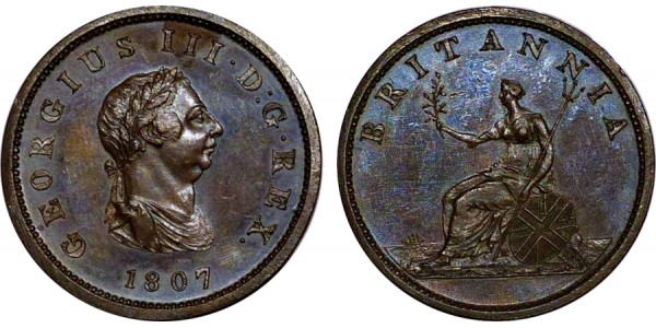 George III. Proof Restrike Bronzed Halfpenny. 1807.